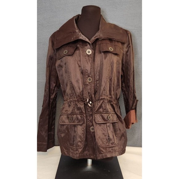 Ruby Rd Shiny Brown Lightweight Jacket Zipper Roll Tab Drawstring Waist Sz 12 - Picture 1 of 10